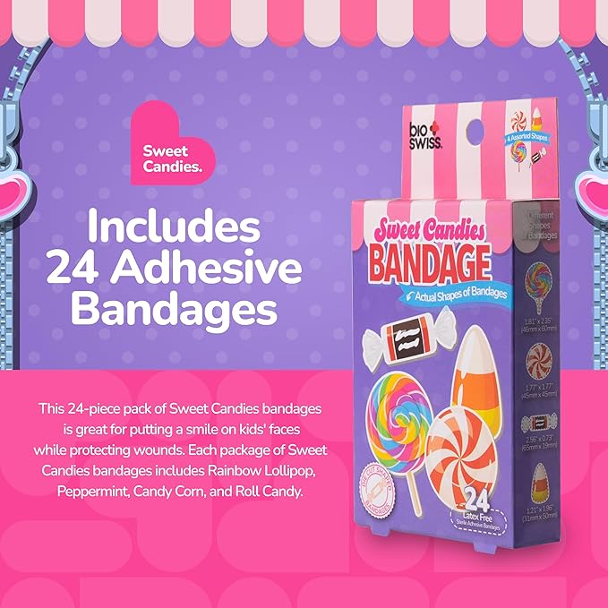 BioSwiss Bandages, Sweet Candies Shaped Self Adhesive Bandage Set, Latex Free, Sterile Wound Care, 24 Count