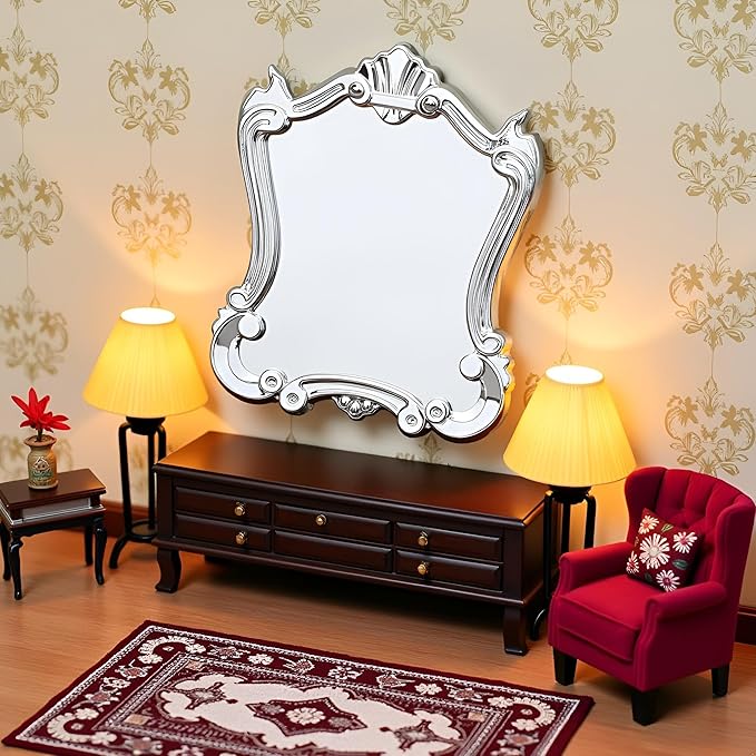 Silver 1/12 Miniature Wall Mirror Dollhouses Decoration Accessories, Dollhouses Mirror，Dollhouse DIY Accessories，Dollhouse Decor