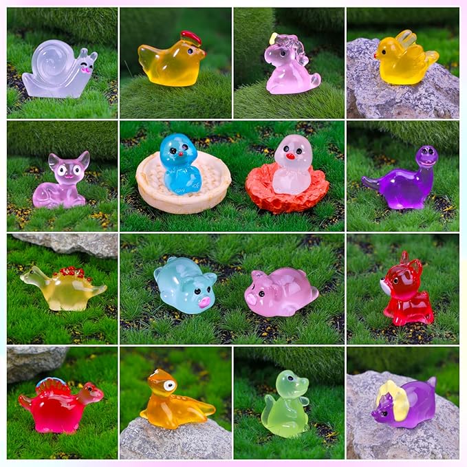 240 Pack Mini Resin Animals, Glow in The Dark Tiny Animals Figures to Hide Luminous Small Plastic Miniature Little Ducks Bulk for Office Home Garden Micro Landscape Aquarium Potted Dollhouse Decor