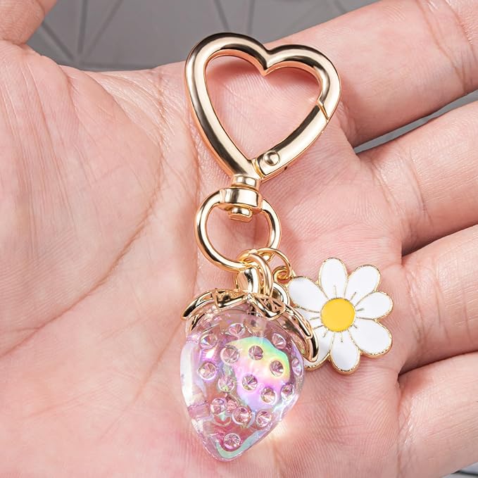 Wikavanli Cute Strawberry Keychain,Bag Charms,Kawaii Heart Flower Daisy Key chains Accessories Decor for Women Girls Purse