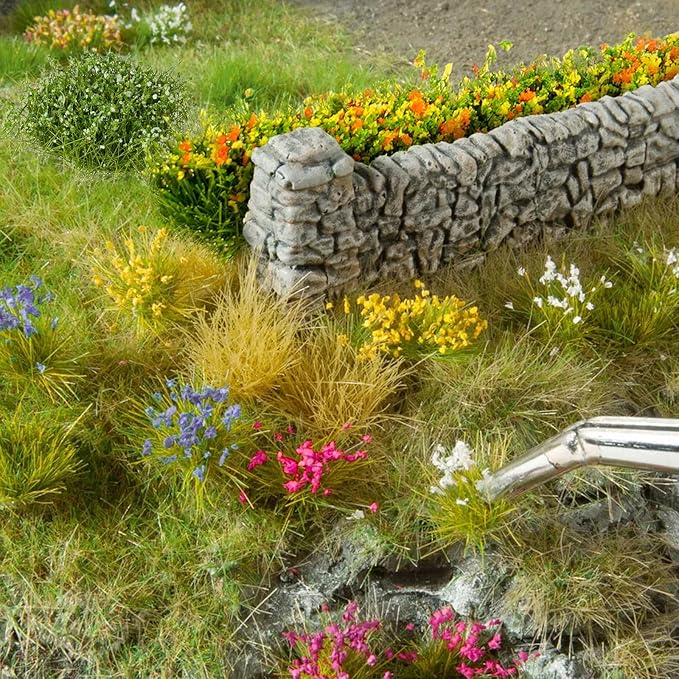 Warmtree 12 Pcs Miniature Colorful Flower Cluster Miniature Flowers Static Grass Tufts for Diorama Supplies Woodland Scenics Terrain Railway Scenery Table Landscape(Rose Red White)