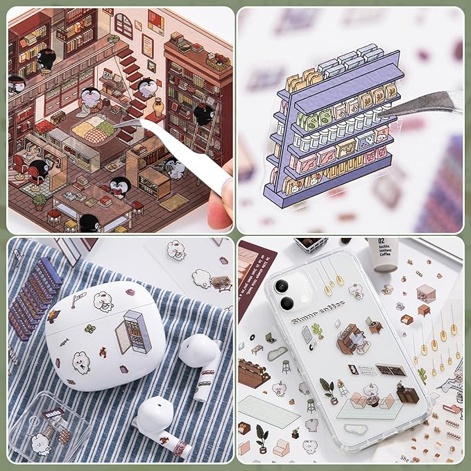 DIY 3D House Stickers, 4 Set Fun DIY Stickers Scene Make Your Own Warm Home, Supermarket, Coffee Shop, Music Bar, Cute 3D Cartoon Scene Sticker for Adult Kids Relief Stress Pass The Time