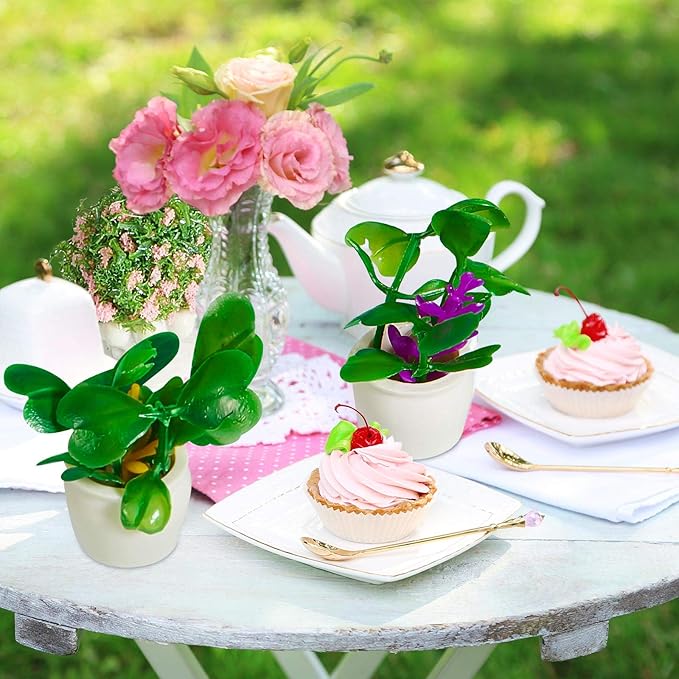 Chuangdi 12 Pieces Miniature Dollhouse Plant Flowers Mini Potted Plant Artificial Tiny Greenery Ornament Miniature Hanging Potted Faux Flower Model Dollhouse Decoration, 6 Types