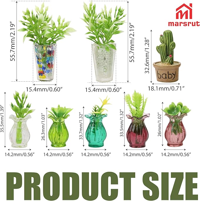 8Pcs Miniature Plants for Dollhouse 1/12 Scale, Mini Flower Pots and Glass Vases Bulk Set, Tiny Potted Succulent Buds Accessories for, Micro Landscape, Garden, DIY Crafts, Table Festival Decoration