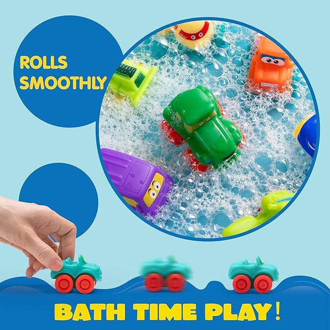 JOYIN Cartoon Cars, Soft Rubber Toy Car Set, Mini Vehicles, Bath Toy Car for Toddlers, Christmas Great Gift for Boys and Girls, Summer Beach and Pool Activity, Party Favors for Kids