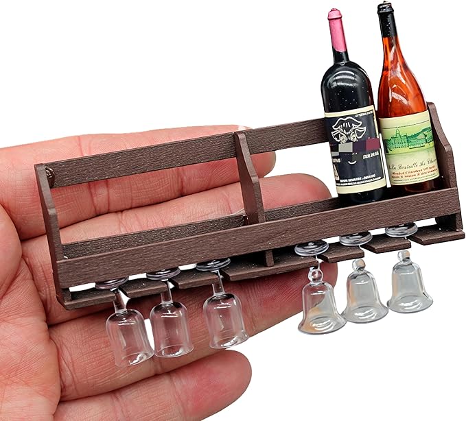 Miniature Wall-Mounted Wine Rack with Glass Holder, 9-Piece Dollhouse Bar Set, Dark Wood