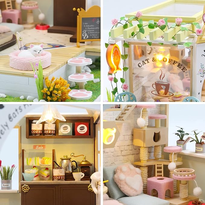 GuDoQi DIY Miniature Dollhouse Kit, Tiny House kit with Music, Miniature House Kit 1:24 Scale, Great Handmade Crafts Gift for Christmas Day Birthday Christmas Day,Lovely Cats' Coffee Shop