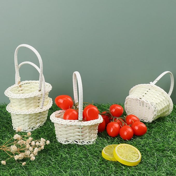 30 PCS White Mini Wicker Baskets with Handles, 4 x 3.15 inch Tiny Woven Storage baskets Small Woven Rattan Baskets with Handle for Picnics, Wedding Deco, Party Favors, Gift, Garden Deco(Oval)