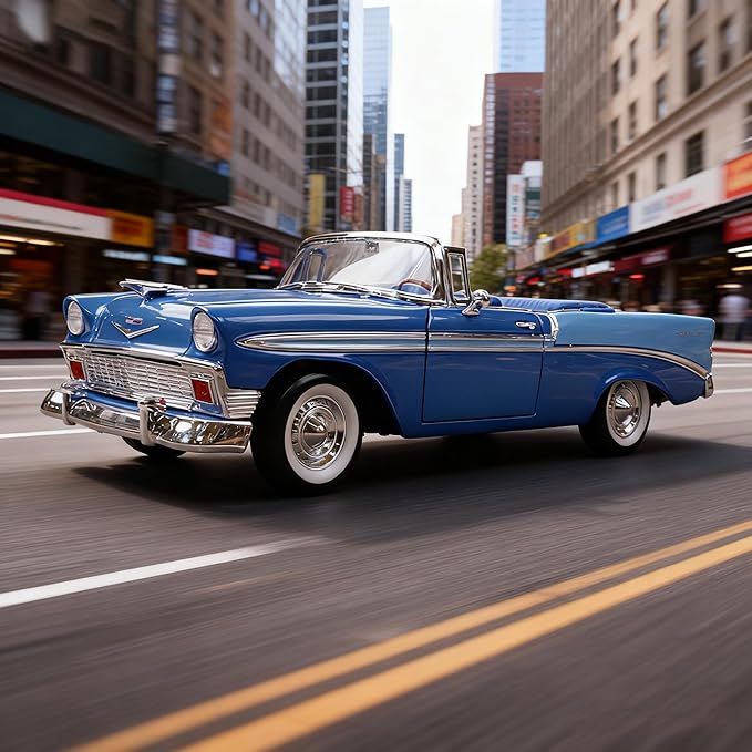 1956 Chevrolet Bel Air Alloy Model Car - 1:18 Scale Classic Lowrider Style Replica with Hydraulic Suspension Display & Custom Wheels - Collector's Edition for Display & Gifting（Blue）