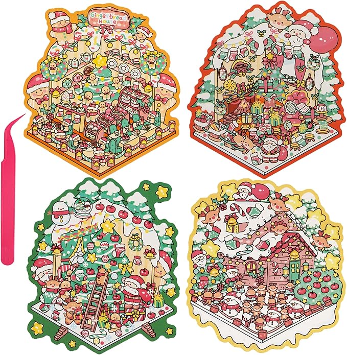 Christmas Scene Sticker DIY Set Include 4 Sticker Kits with Background Card & Tweezer: Winter Xmas Cottage 3D Miniature Room Therapy Gift Creative Play Present for Kids, Adults Stress Relief Pass Time