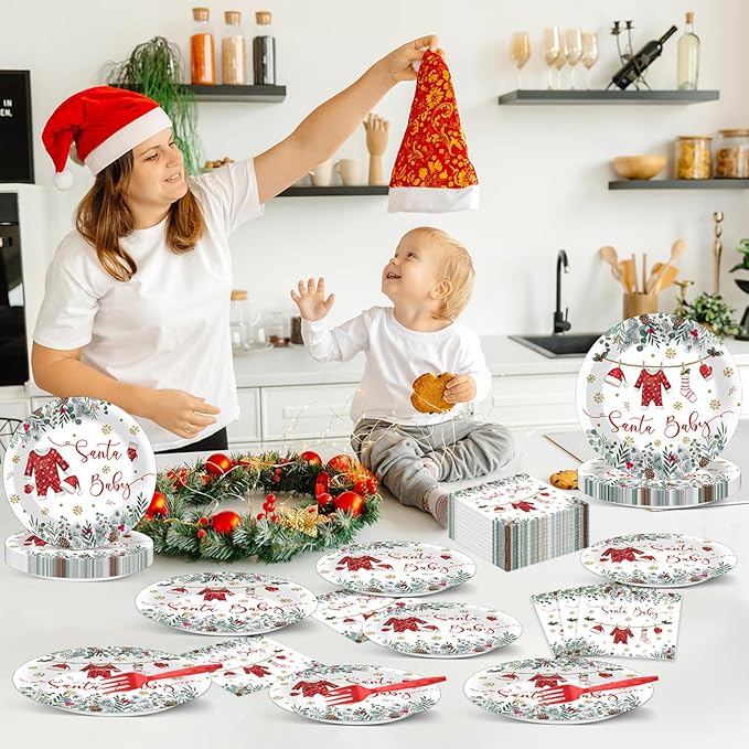 96 Pcs Christmas Baby Shower Party Plates Napkins Santa Clothes Tableware A Santa Baby Is On The Way Plates Napkins Christmas Shower Supplies Xmas Party Dinnerware Set Decorations for 24 Guests