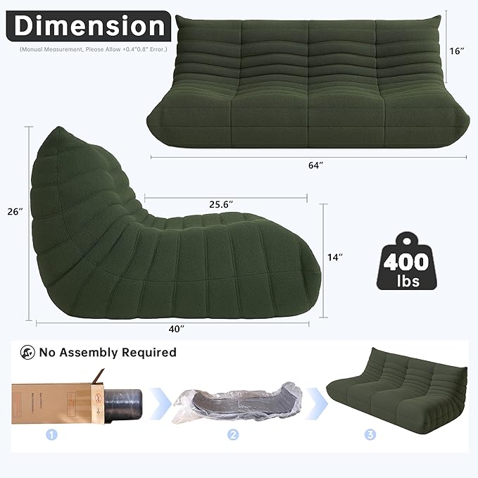 Bean Bag Chairs for Adults, BeanBag Reading Chair Memory Foam Couch 3-Seater, Floor Chair Soft Teddy Material, Comfy Reading Nook Chairs for Bedroom Living Room Office (Green)