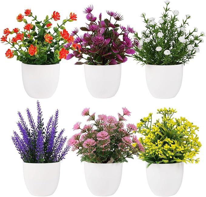 Yoratee Artificial Small Plant 6pcs Fake Flower Potted Plant Bathroom Faux Plant for Indoor Decor Window Tabletop Office Colorful Flower