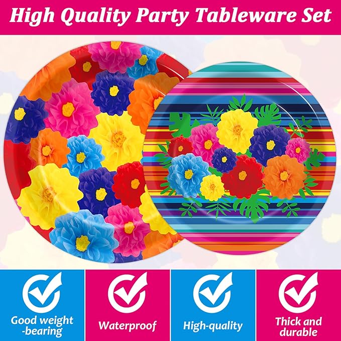 96 Pcs Mexican Fiesta Plates and Napkins Party Supplies Fifth of May Tableware Mexican Theme Birthday Party Decorations Fiesta Flowers Stripes Paper Dinnerware for Taco Weddings Baby Shower 24 Guests