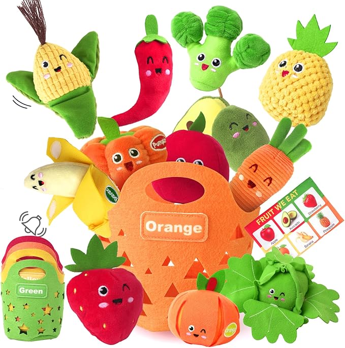 Baby Sensory Toys - Plush Color Sorting Fruit Veggie Baby Toys 6-12 Months, Pretend Play Food with Rattle Crinkle for Toddlers 1-3, Montessori Toys for 1 Year Old Boys Girls Birthday