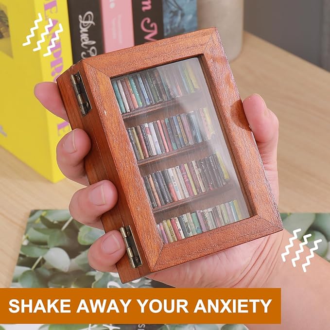 Anxiety Bookshelf With 100pcs Miniature Books | Shake Away Your Anxiety Mini Wood Rustic Book Library | Decorative Gift for Book Lovers (Brown)
