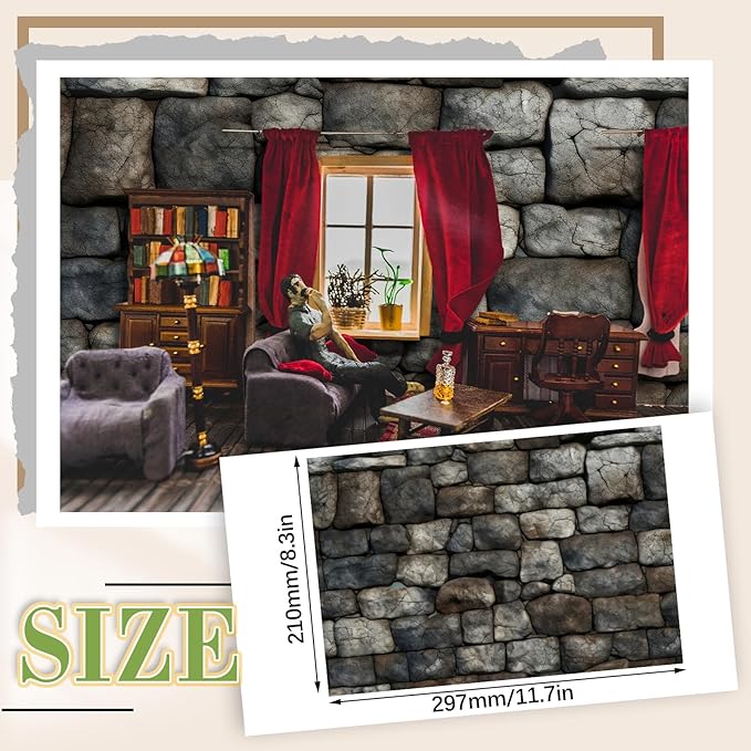 Flutesan 24 Pcs Miniature Dollhouse Wallpaper and Flooring Peel and Stick Mini DIY Self Adhesive Dollhouse Accessories 8.27 x 11.69 Inch (Stone Pattern)