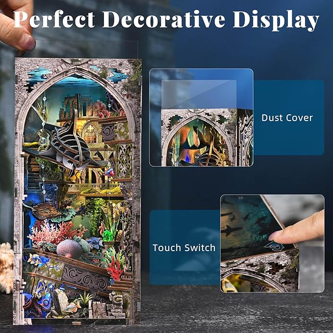 Book Nook Kit - DIY Miniature Dollhouse for Adults and Teens, Creative Bookshelf Decor 3D Wooden Puzzle Bookend with LED Light, Unique Gift for Family and Friends (Lost City of Atlantis)