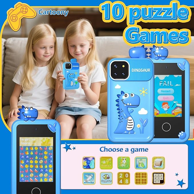 BEBESIRI Kids Camera Mini Smartphone Toy for Girls, 2.8" Touch Screen, 22 Learning Games, Dual Camera, Music Player, 32GB Card, Christmas Birthday Gift, (Blue Dinosaur)