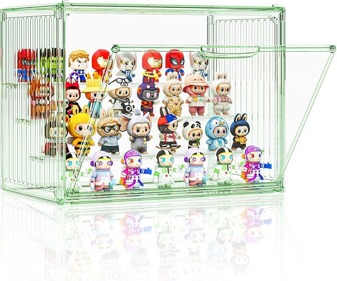 Clear Green Acrylic Figure Display Case for Collectibles 4 Layer Hobby Figurine Display Shelf Cases Stackable Display Boxes with Shelves for Pop Mart Labubu Action Figures, Car Model, 1 Pack