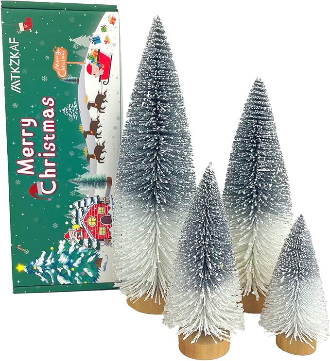 MTKZKAF Mini Christmas Trees Bottle Brush Christmas Trees for Christmas Decorations Multicolor Table Top Gradient Christmas Tree with Wooden Base (Silvery+White)