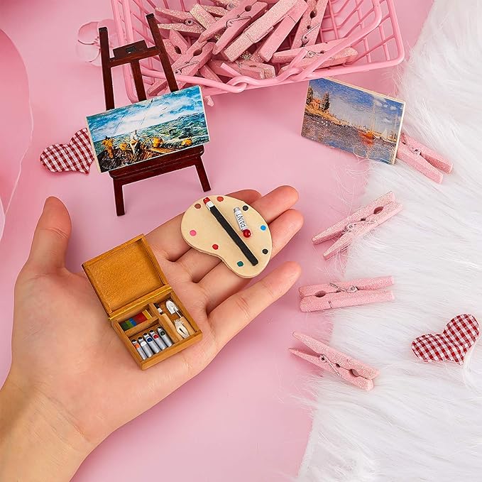Skylety 3-Piece Dollhouse Painting Tool Accessories Set - Wooden Easel, Miniature Palette, Watercolor Box for Dolls