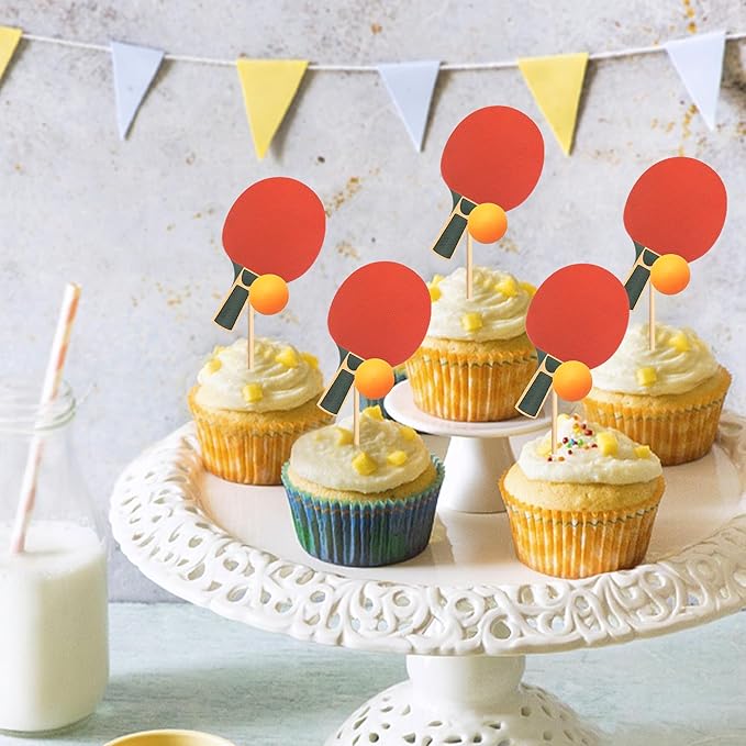 Ercadio 24 Pack Double Sided Table Tennis Cupcake Toppers Table Tennis Cupcake Picks Table Tennis Birthday Cake Decorations Baby Shower Table Tennis Sports Theme Party Cake Decorations, Red-2