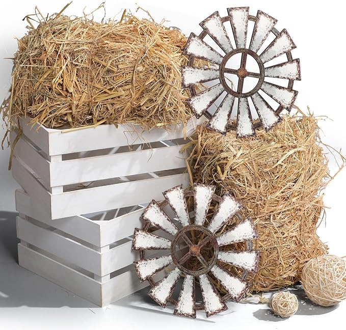 6 Pack Halloween 13 x 9 x 6 Inch Straw Hay Bale Stack Decoration Set Rustic Wooden Wagon Wheel Natural Hay Bales Boxes Western Cowboy Birthday Decor Photo Booth Props
