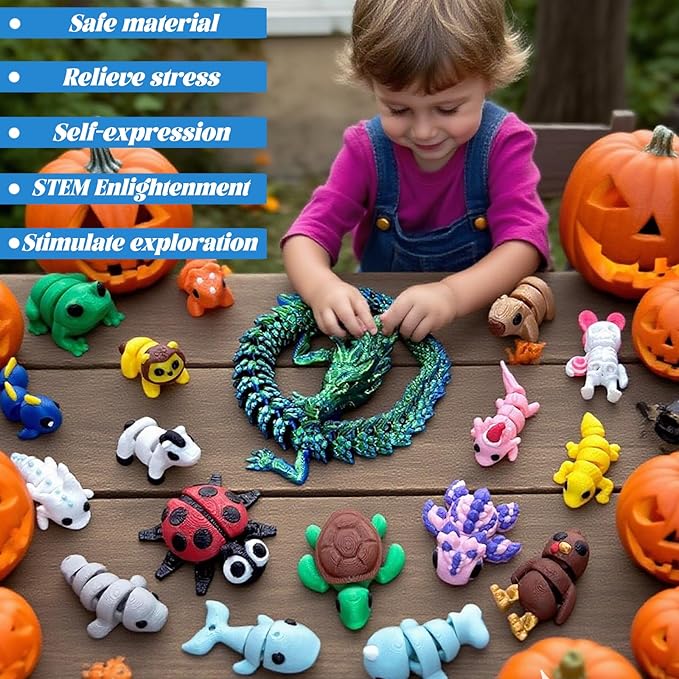 19 Pack 3D Fidget Toys for Kids, 11.8 Inch 3D Printed Dragon Inside Egg, 3D Printed Animals Set for Desk Pets, 3D Printed Toys with Movable Joints, Gift Halloween Toys Decor Desks & Keychain
