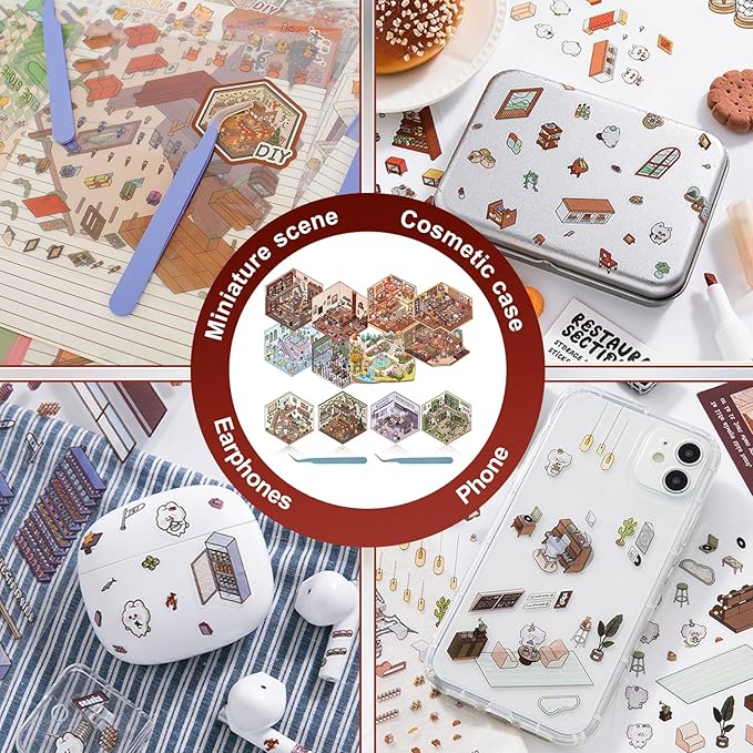 DIY 3D House Stickers, Cartoon 3D Miniature Scene Stickers for Adults Kids to Make Your Own Mini Room Scenes (Set 1)