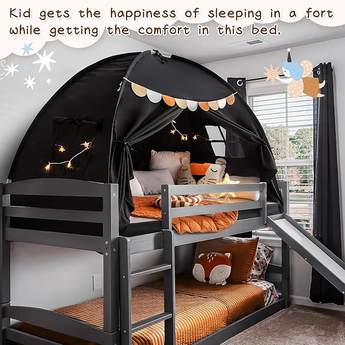 Sherilyn Twin Size Bed Canopy Toddler, Kids Bed Tents Indoor Dream Tent on Bunk Bed Privacy Space Blackout Sleeping Tents Portable Drafty Floor Playhouse for Boys Girl Birthday, House Gift, Black