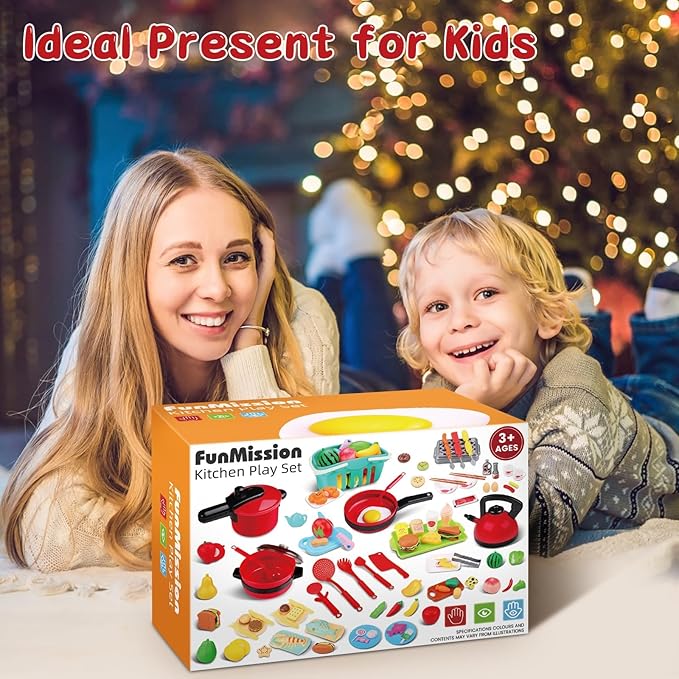 134 Pcs Toy Kitchen Accessories, Toddler Pretend Cooking Toys with BBQ Grill, Pressure Cooker, Kettle, Pots, Pans, Kitchen Playset for Cutting Play Food, Learning Gift for Girls Boys