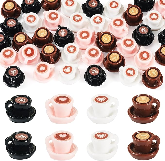40Pcs Resin Mini Coffee Cups Miniature Kitchen Set Fake Drink Food Coffee Mug Lovely Tableware Dollhouse Ornaments for Desktop Decorations Crafts for Adult Pink White Black