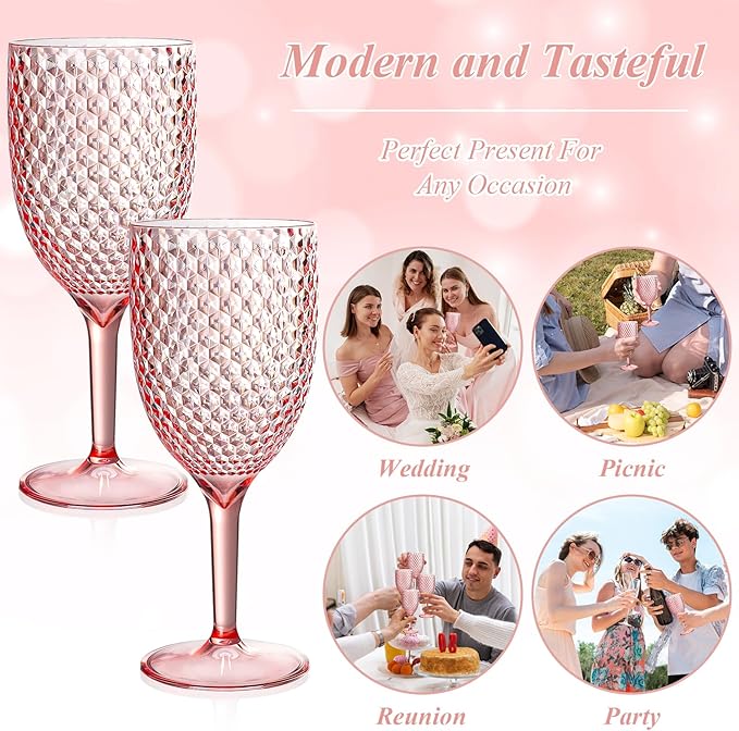 12Pcs Pink Plastic Wine Glasses 13.5oz Reusable Acrylic Wedding Goblets Toasting Glassware Unbreakable Wine Cups with Long Stem Crystal Drinking Glasses Champagne Flutes for Bar Restaurants Party