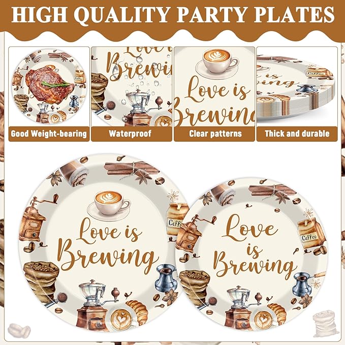96Pcs Love Is Brewing Party Decorations Bridal Shower Tableware Coffee Theme Plates Napkins Forks Love is Brewing Coffee Dinnerware Party Supplies for Engagement Bachelorette Party Serves 24 Guests