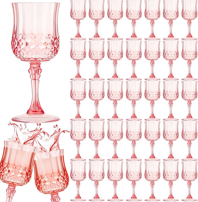 Pinkunn 50 Pcs 7 oz Plastic Vintage Wine Glasses Reusable Colored Goblets Patterned Drinking Water Glasses Cup Dishwasher Safe for Valentine's Day Wedding Reception Party Supplies (Pink)