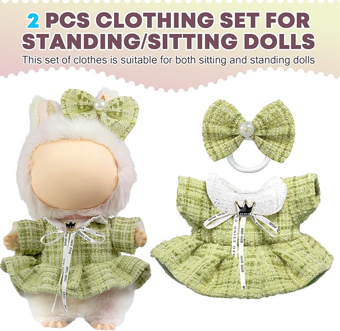 Clothes for LABUBU Doll (NO Doll), Luxury Chic Style 2-Piece Accessories for LABUBU 17cm Dolls, Premium Fashion Outfits for LABUBU - Bow Headdress + Plaid Tweed Dress (Green)