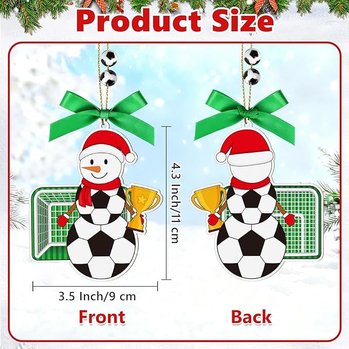 4.3 Inches Snowman Soccer Christmas Ornament, Wooden Soccer Snowman Tree Ornament Hanging Decoration for Rearview Mirror, Window, Eaves, Fireplace and Home Holiday Party Decor