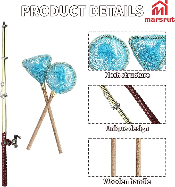 1 Set Miniature Fishing Rods and Fish Net Set for 1:12 Scale Dollhouse Decoration, Mini Fairy Garden Micro Landscape Furniture Accessories, Beach Pond House Decor Crafts with Fishing Pole Gear Models