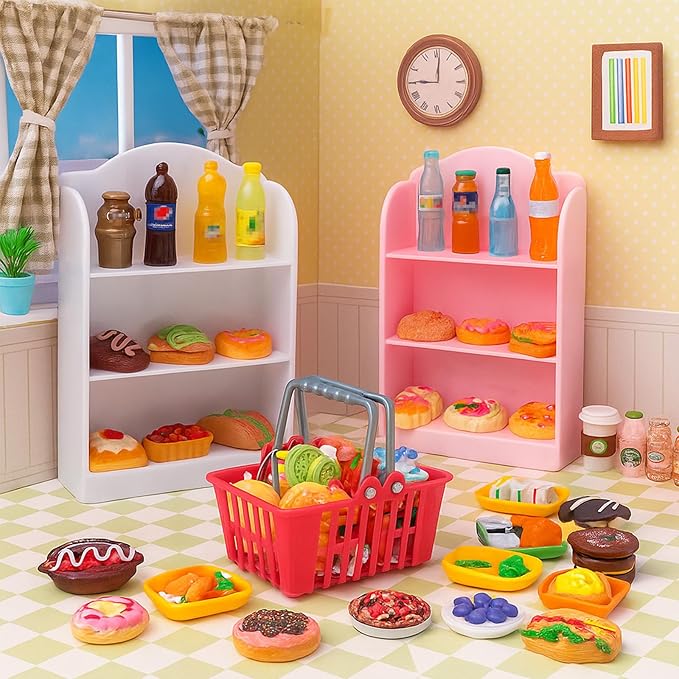 Miniature Food Play Set for Kids - Includes Refrigerator Freezer Ice Cream Drinks & Display Shelves Realistic Toy for Imaginative Play, for Toddlers