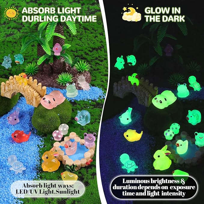 110PCS Mini Resin Animals Miniature Figures to Hide,Tiny Cute Figurines Glow in Dark, Little Animal Small Accessories for Topper Desk Garden Dollhouse Landscape Aquarium Ornaments Crafts & Decor