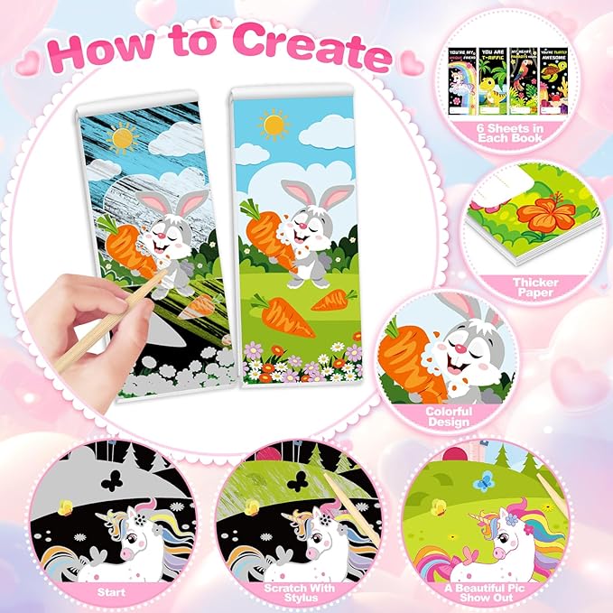 Shemira Valentines Day Gifts for Kids-24 Pack Scratch Art Crafts Notebook Kit with Valentines Cards for Kids, Valentines Day Cards for School Classroom Exchange, Valentines Party Favor Supplies