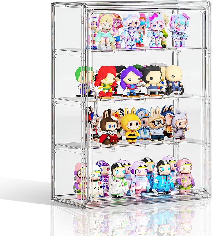 Clear 4 Tiers Acrylic Display Case for Figures Collectibles Wall Mounted Hobby Figurine Display Case with Shelves, Display Shelf Storage Box for Labubu Pop Mart, Action Figures, XXL, 1 Pack