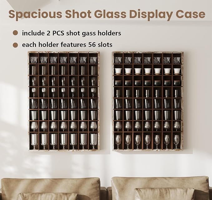 2 Pcs Shot Glass Display Case, 56 Slots Wall-Mounted Wood Shot Glass Holder, 25 x 18'' Rustic Brown Glasses Collection Shelf for Home and Bar Decor