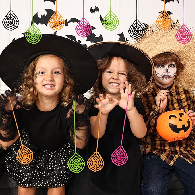 24 PCS Sticky Spider Web for Kids, 5.1 Inches Cobweb Sticky Hand Toys, Halloween Spider Party Favors for Goodie Bag Stuffers, Birthday, Classroom Prizes Supplies (4 Colors)