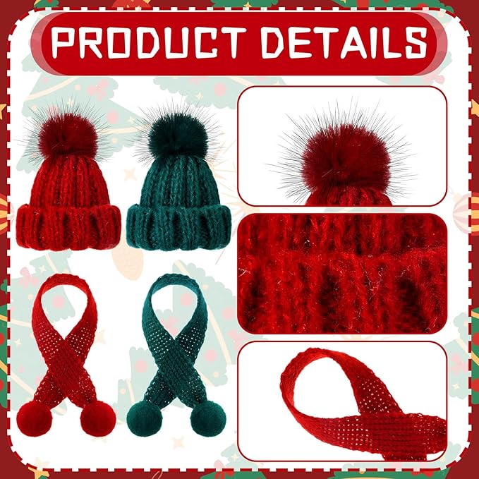 Bencailor 48 Pcs Mini Christmas Knitting Hats and Mini Christmas Scarf Set Knitting Doll Hat Scarf Santa Knit Hat Tree Ornaments for DIY Craft Art Doll Decoration (Red,Green)