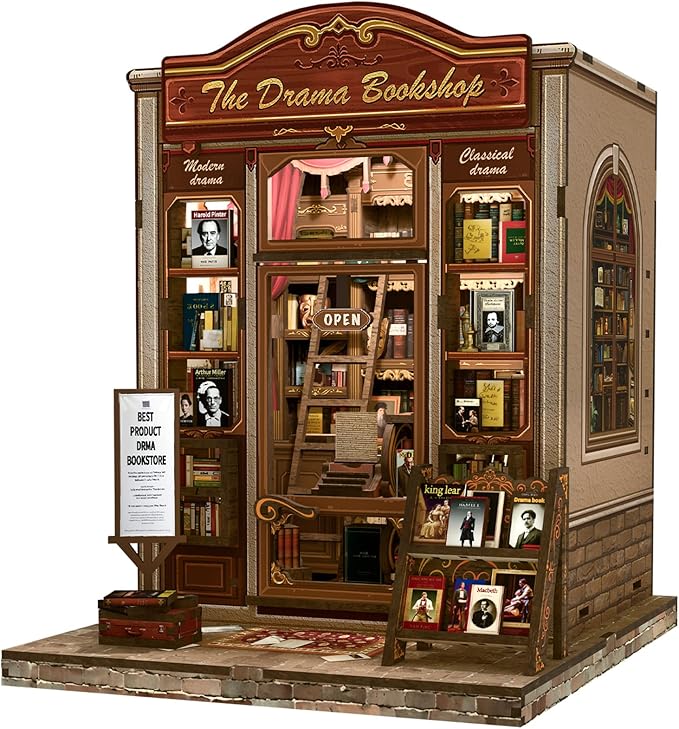 Fsolis Book Nook Kit, DIY Bookshelf Miniature Bookshelf Kit for Adults Tiny House 3D Puzzle Booknook Adult Craft Gifts for Women Teenagers Book Lovers (The Drama Bookshop)