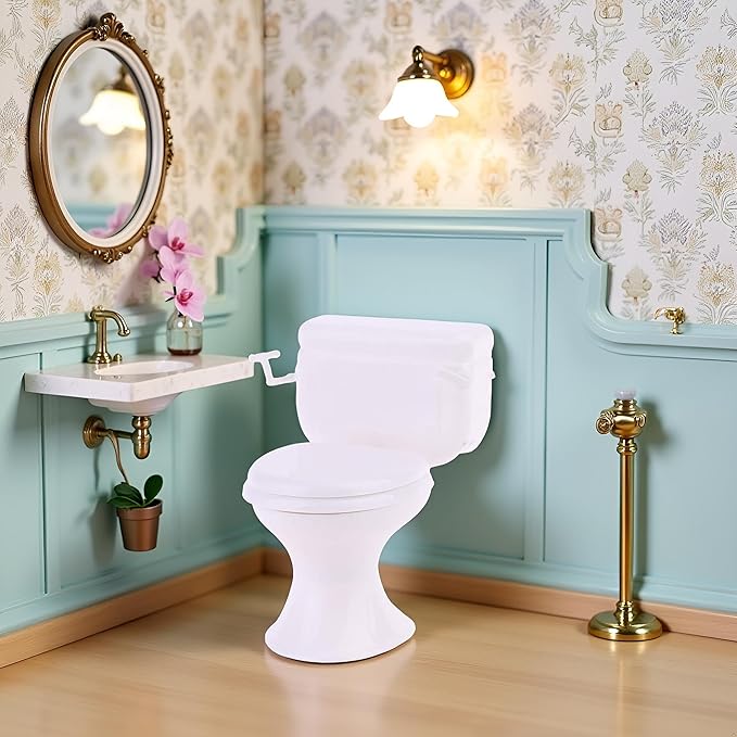 White Dollhouse Miniature Furniture Vintage Bathroom Model Toilet Baby Pretend, DIY Micro Scene Decor