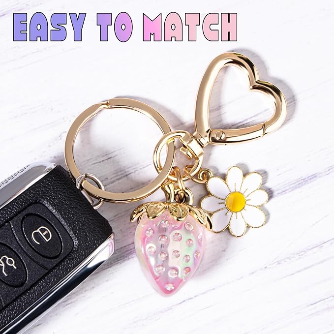Wikavanli Cute Strawberry Keychain,Bag Charms,Kawaii Heart Flower Daisy Key chains Accessories Decor for Women Girls Purse