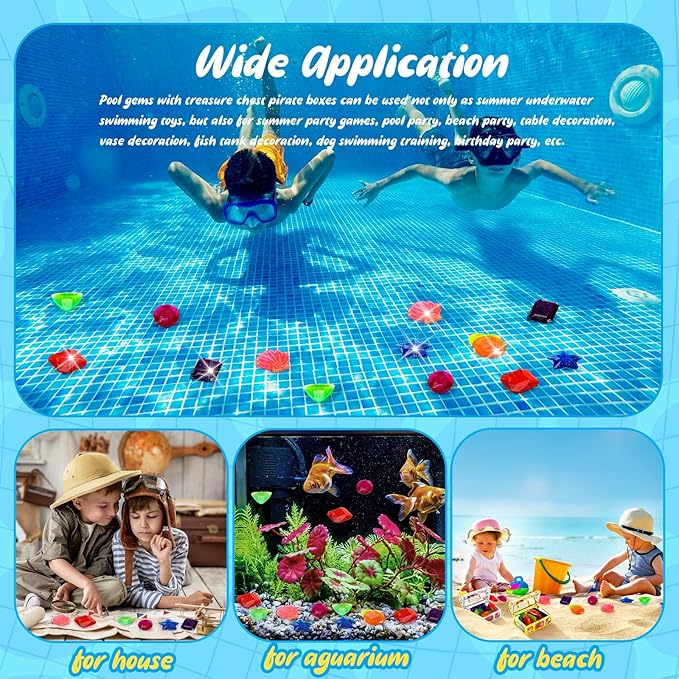 MARFOREVER 18 Pcs Big Diving Gem Pool Toys - 16 Colorful Sinking Diving Gems Underwater Crystals Swim Pool Toys with 2 Treasure Chest Pirate Boxes Acrylic Gemstones Set for Summer Party Favors